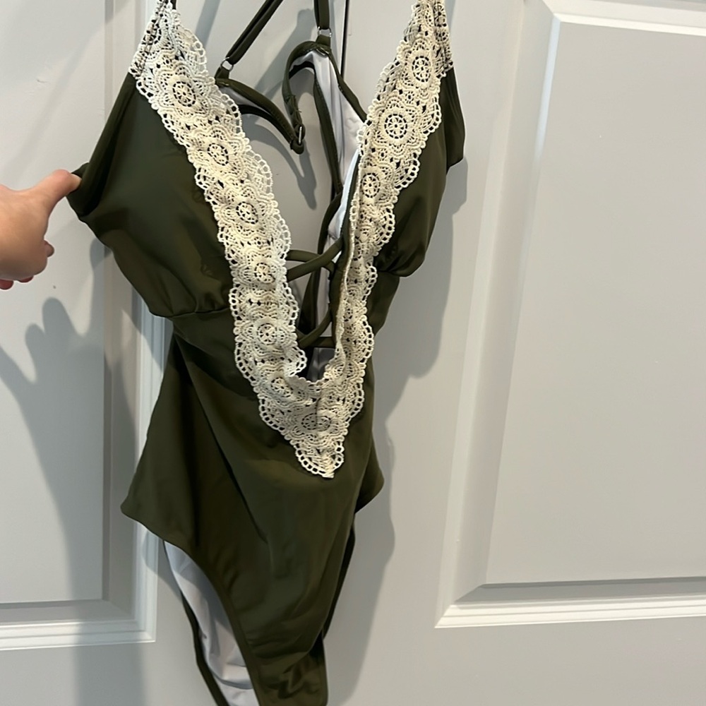 Olive Green Lace Trim One-Piece Swimsuit